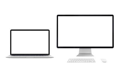 Fototapeta premium Laptop and computer display isolated in white with blank screen for mockupp, design promotion