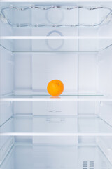 against the background of a white refrigerator, an orange is lying on a glass shelf