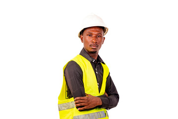 young confident man construction engineer crossing his arms.