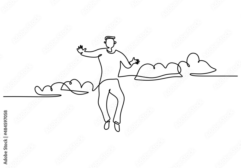 Poster one continuous single line of happy man jumping isolated on white background.