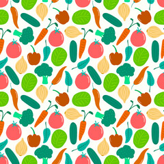 Seamless pattern of vegetable with Tomato, Broccoli, Onion, Cucumber, Cabbage, Red Chilli, Paprika, Carrot, Spinach isolated on white background.