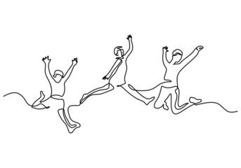One continuous single line of three happy people jumping isolated on white background.