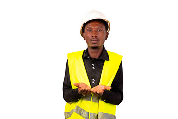 young man engineer show his empty palms.