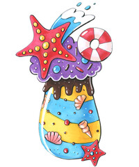 cartoon style illustration for kids mood dessert sweet summer sea vacation beach theme shells and starfish