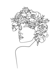 Woman Head with Flowers One Line Drawing.  - Vector illustration