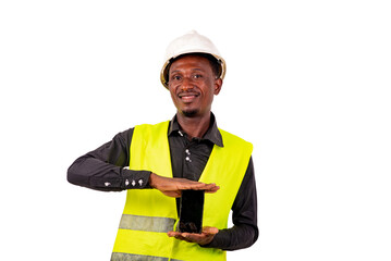 portrait of a male entrepreneur presenting cellphone, smiling.
