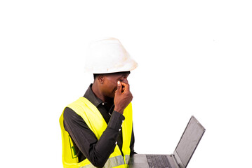 portrait of a construction engineer holding laptop.