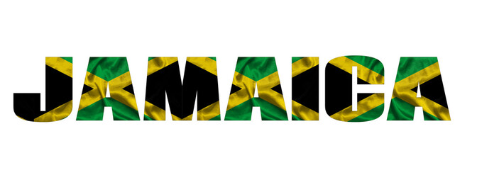 Inscription Jamaica in the colors of the pattern waving flag of Jamaica. Country name on isolated background. image - 3D illustration.