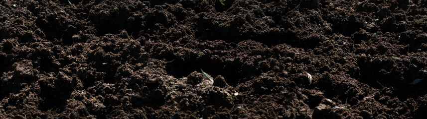 Freshly plowed and fertile soil texture shot in natural light.