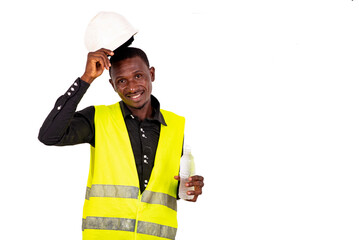 young man technician holding water bottle smiling.