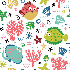 Seamless pattern with exotic cartoon fish.
