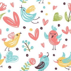 Seamless pattern with cute birds and hearts.