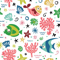 Seamless pattern with exotic cartoon fish.