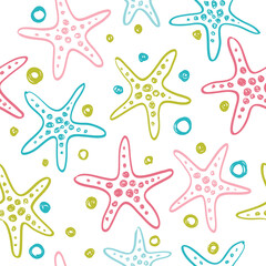 Seamless pattern with starfish on a white background. Children's style.