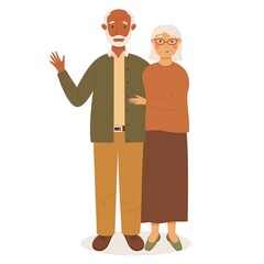 Happy modern multinational senior couple of black-skinned man and white-skinned woman. Colored flat vector illustration on white background