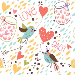 Seamless pattern with cute birds and hearts.
