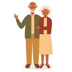Happy senior couple of black-skinned woman and man. Stylish look. Colored flat vector illustration on white background