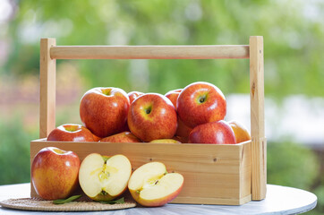 Fresh Red apple in basket over blurred greenery background, US. Red Envy apple in wooden basket on...