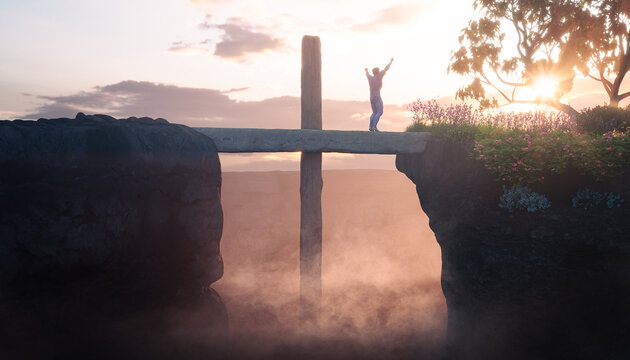 Crucifixion and Resurrection concept.Cross between 2 rock faces with a happy and jubilant man. Jesus is the way, the truth and the life. 3D rendering.