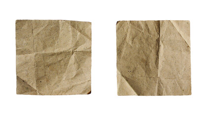 Square crumpled aged craft brown note paper with traces of folds isolated on white background....