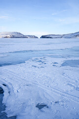 ice of Baikal, blue ice of Baikal with methane bubbles, transparent ice of Baikal