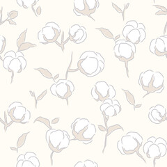 Seamless vector pattern with cotton branches on a light beige background