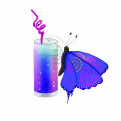Butterfly drinks a cocktail. Design dedicated to party goers. Can be used for clothing print, isolated stock vector illustration