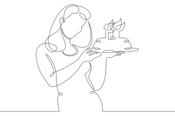 One continuous line.Young mother with a birthday cake for children. Girl with a birthday cake in her hands. Birthday holiday.Continuous line drawing.Line Art isolated white background.