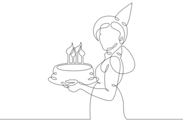 One continuous line.Young mother with a birthday cake for children. Girl with a birthday cake in...