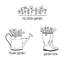 Set of hand drawn compositions with watering can, rubber boots and flowers. Gardening, flower shop, landscape design, farming concepts, icons, logo