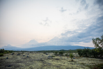 The active Kamchatka Volcano Klyuchevskaya Sopka at dawn