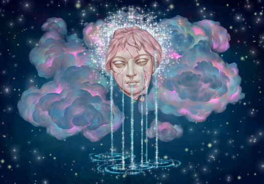 Fantastic space background. Mystical art for reflection, eternity, stars, bright clouds. Female face sculpture. Mysterious girl fake with galaxy araund with the sky full of stars. Fantasy painting mys