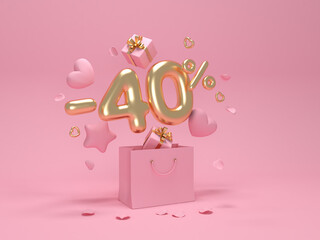 Obraz premium Happy Valentine's Day. Discount -40%. Hearts and stars fly out of the package. 3D rendering. 