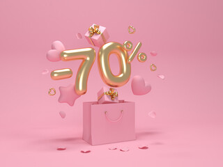 Happy Valentine's Day. Discount -70%. Hearts and stars fly out of the package. 3D rendering. 