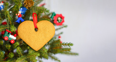Christmas tree decoration. Gingerbread cookie with copyspace