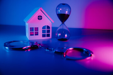 Miniature wooden house, handcuffs and hourglass. Concept fraud with real estate