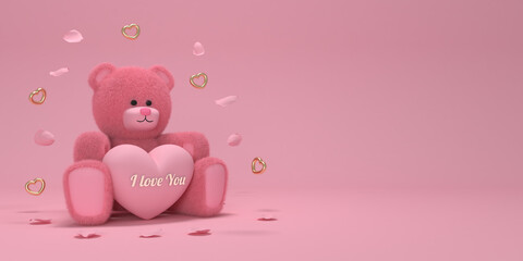 Happy Valentine's Day. Horizontal template poster, greeting card, headers for website.Teddy bear with heart. 3D rendering. 