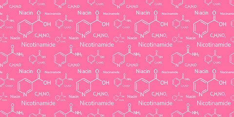 Niacinamide and niacin vector illustration. Nicotinamide and nicotinic acid background. Vitamin B3 seamless pattern. molecular formula wallpaper for cosmetics, cosmetology products, beauty business.