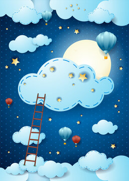 Fantasy cloudscape at night with full moon, cloud and ladder. Vector illustration eps10