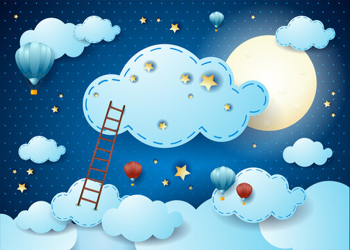 Fantasy cloudscape at night with full moon, cloud and ladder. Vector illustration eps10