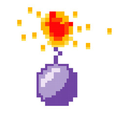 Pixel game icons, isolated bomb with burning wick, cosmic burst. Particles and flame elements, 8 bit graphics retro style of gaming process dynamite