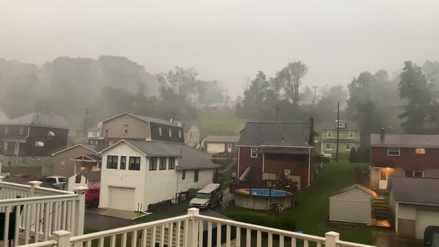Heavy wind and rain storm in the city. trees waving in the storm