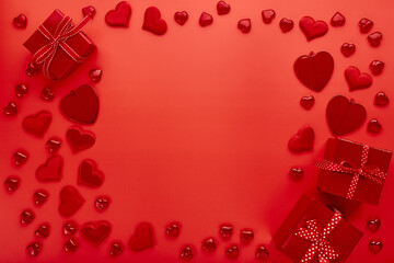 Red hearts on red background. Romantic background for Valentine's day