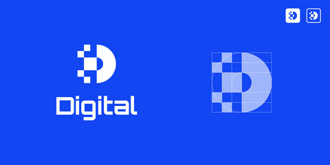 Initial Letter D Digital Technology Connection Connect Simple Vector Logo Design with Business Card