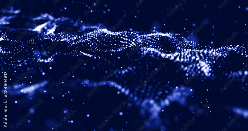 Poster Abstract dynamic wave of blue dots on dark background. Big data visualization 3D. Digital landscape with flowing particles. 3d rendering.