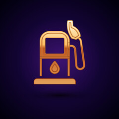 Gold Petrol or gas station icon isolated on black background. Car fuel symbol. Gasoline pump. Vector