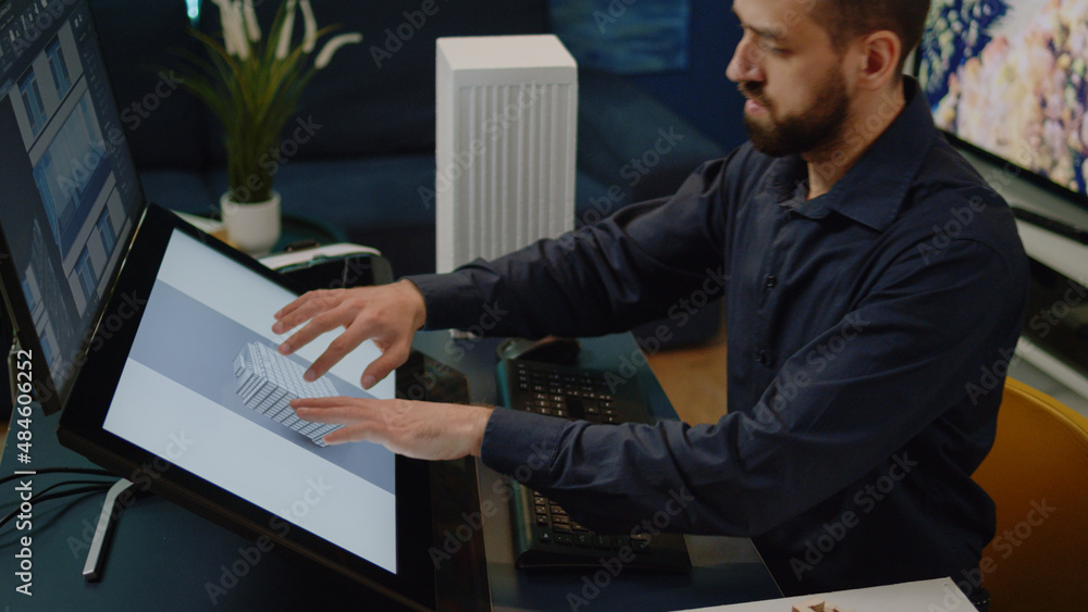 Poster close up of engineer using computer for building model and construction design in office. man workin