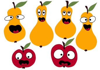 Fruit set with cartoon pears and apples for stickers and kids and cards and posters and postcard and wrapping paper