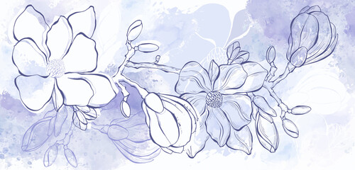 Pre-made design with with magnolia flowers, very-peri watercolor splash and place for text. Vector layout decorative greeting card or invitation design background, wallpaper design. © maritime_m