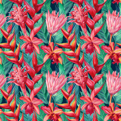 Seamless floral pattern with tropical flowers and leaves, watercolor illustration. Exotic plants 
